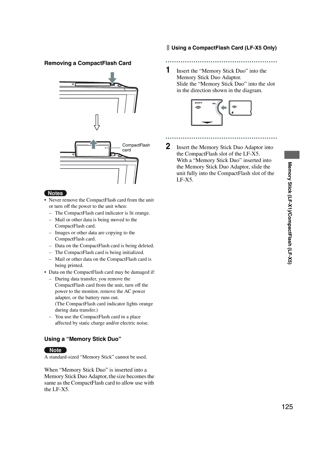 Sony LF-X1, LF-X5 operating instructions 125, Removing a CompactFlash Card, Using a Memory Stick Duo 