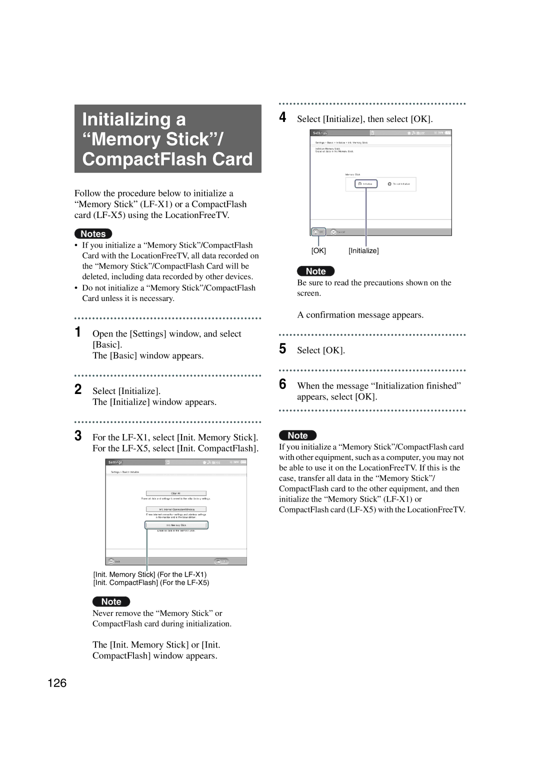 Sony LF-X1, LF-X5 operating instructions Initializing a Memory Stick CompactFlash Card, 126 