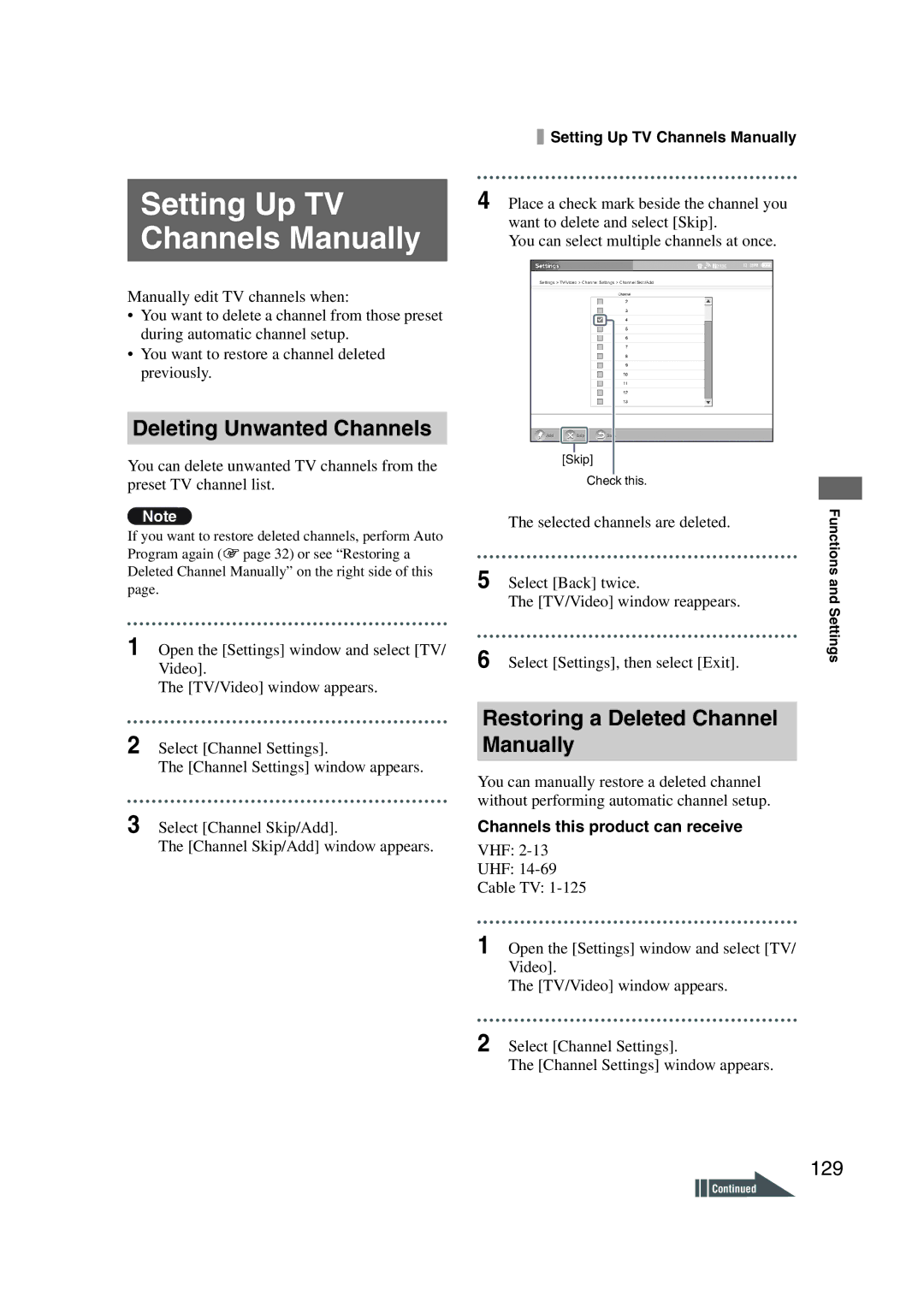 Sony LF-X1, LF-X5 Deleting Unwanted Channels, Restoring a Deleted Channel Manually, 129, Channels this product can receive 