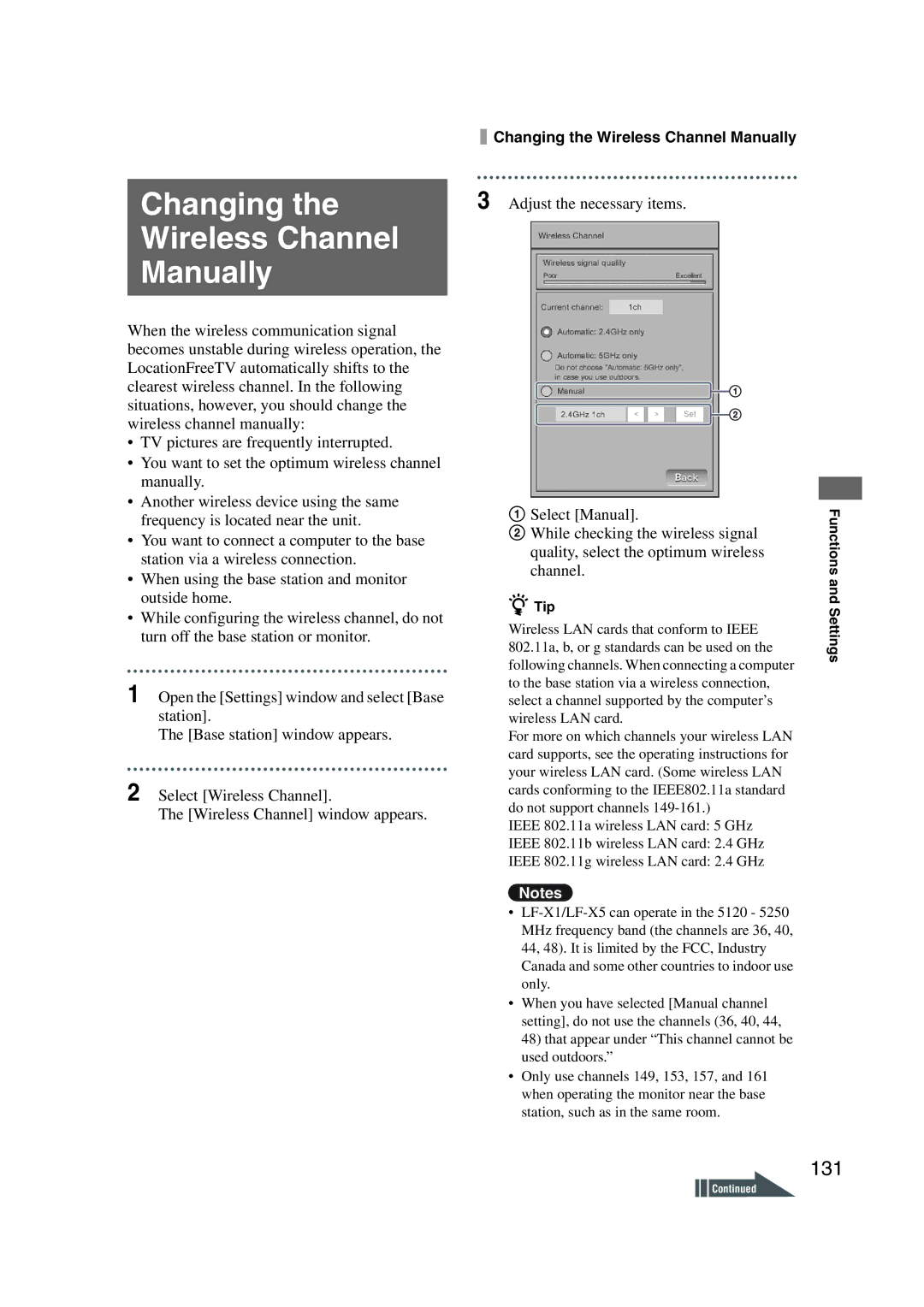 Sony LF-X1, LF-X5 operating instructions Changing Wireless Channel Manually, 131, Adjust the necessary items Select Manual 