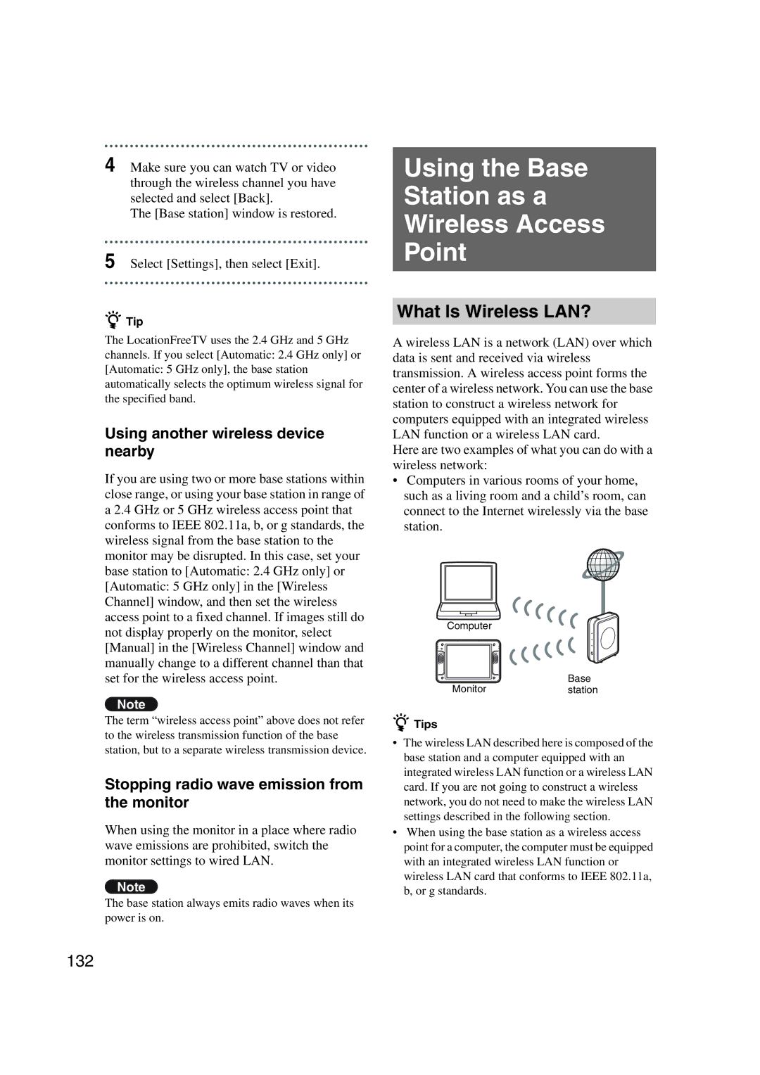 Sony LF-X1, LF-X5 operating instructions Using the Base Station as a Wireless Access Point, What Is Wireless LAN?, 132 