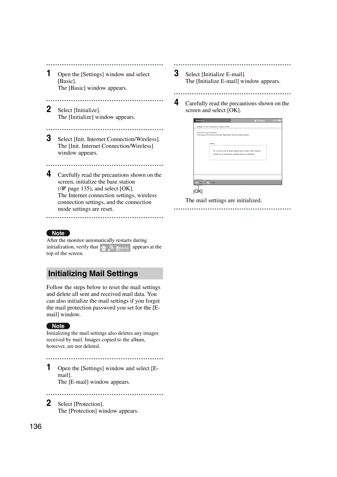 Sony LF-X1, LF-X5 operating instructions Initializing Mail Settings, 136 