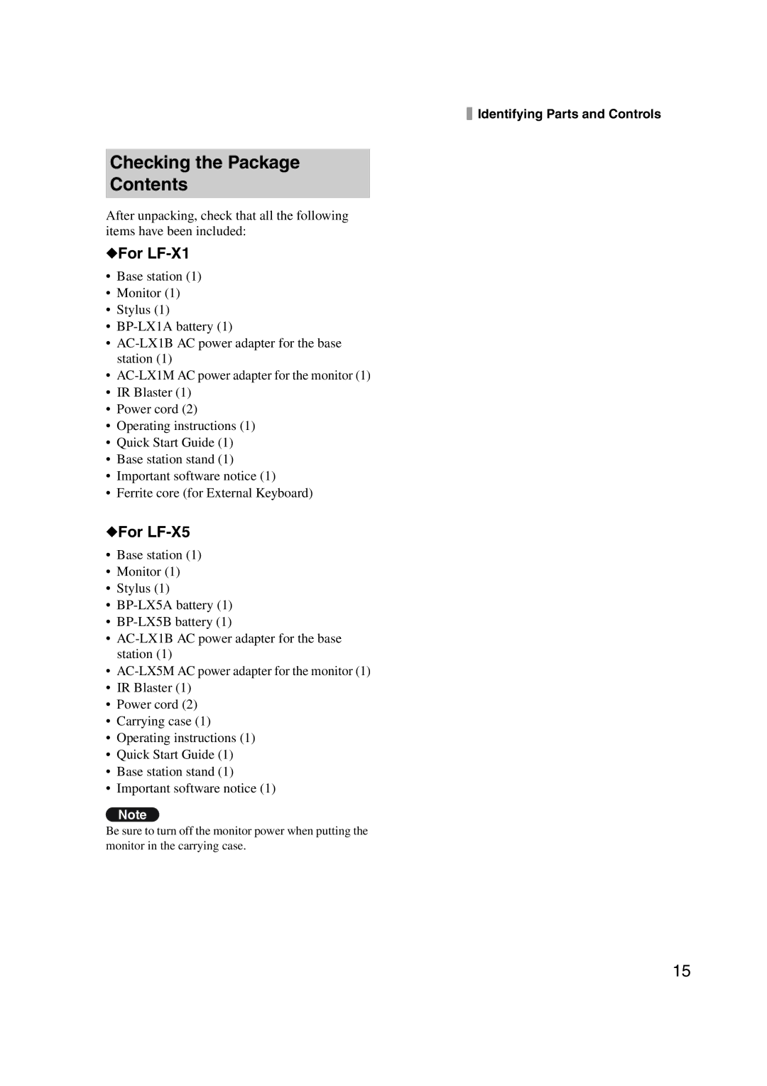 Sony LF-X1, LF-X5 operating instructions Checking the Package Contents 