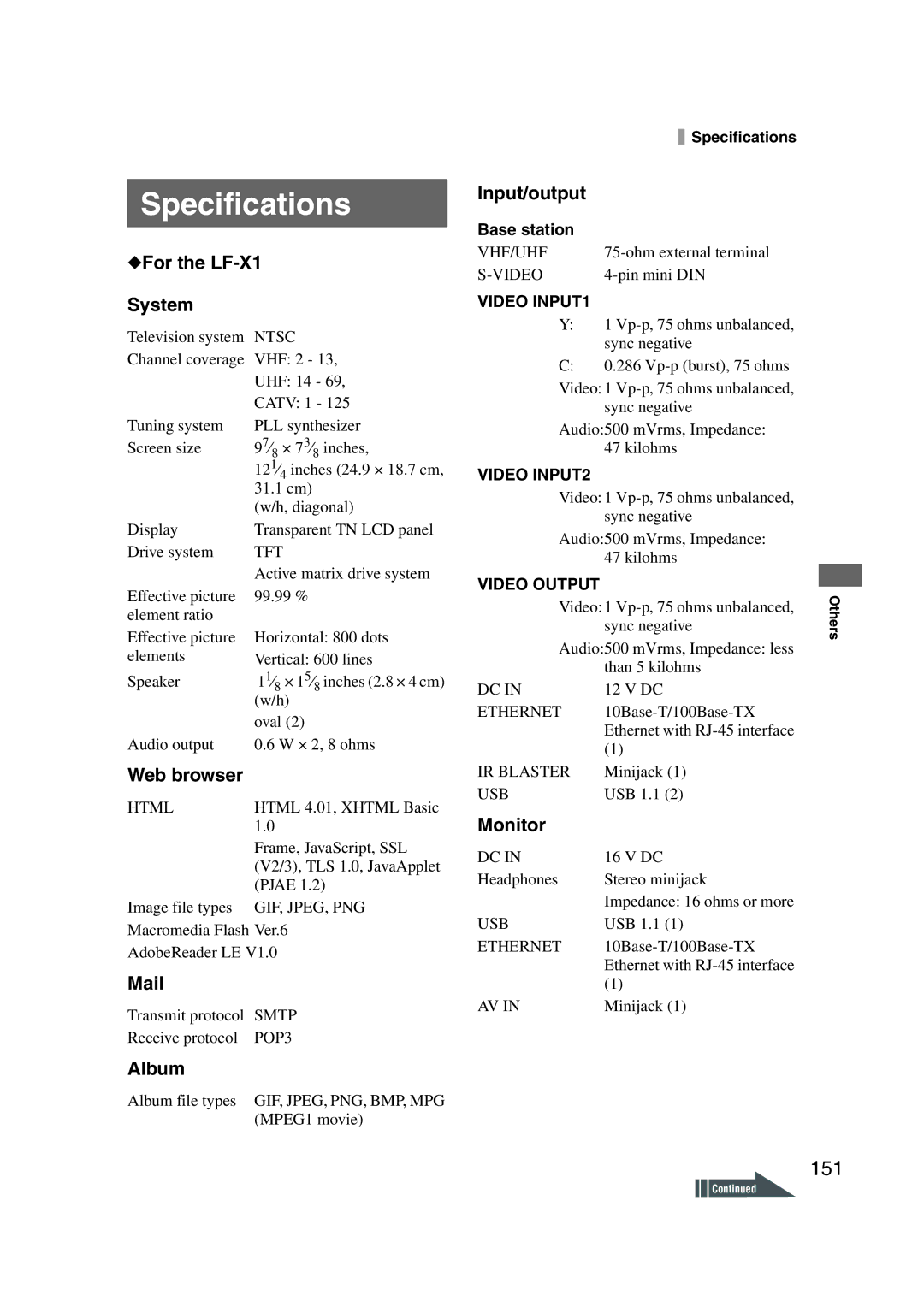 Sony LF-X1, LF-X5 operating instructions Specifications, 151 