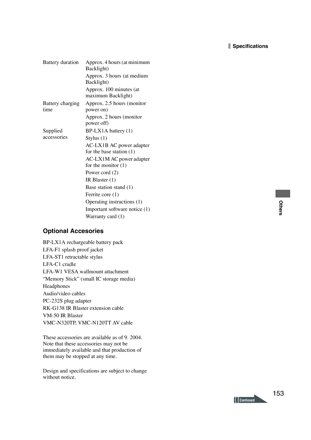 Sony LF-X1, LF-X5 operating instructions 153, Optional Accesories 