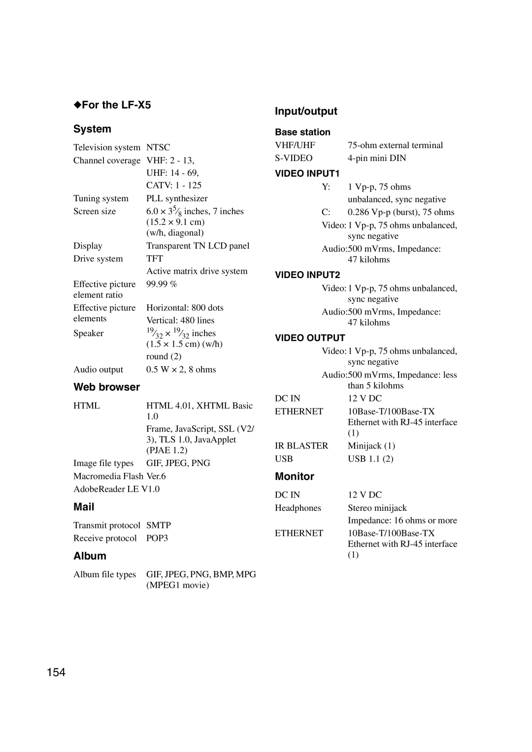 Sony LF-X1, LF-X5 operating instructions 154, For the LF-X5 System 