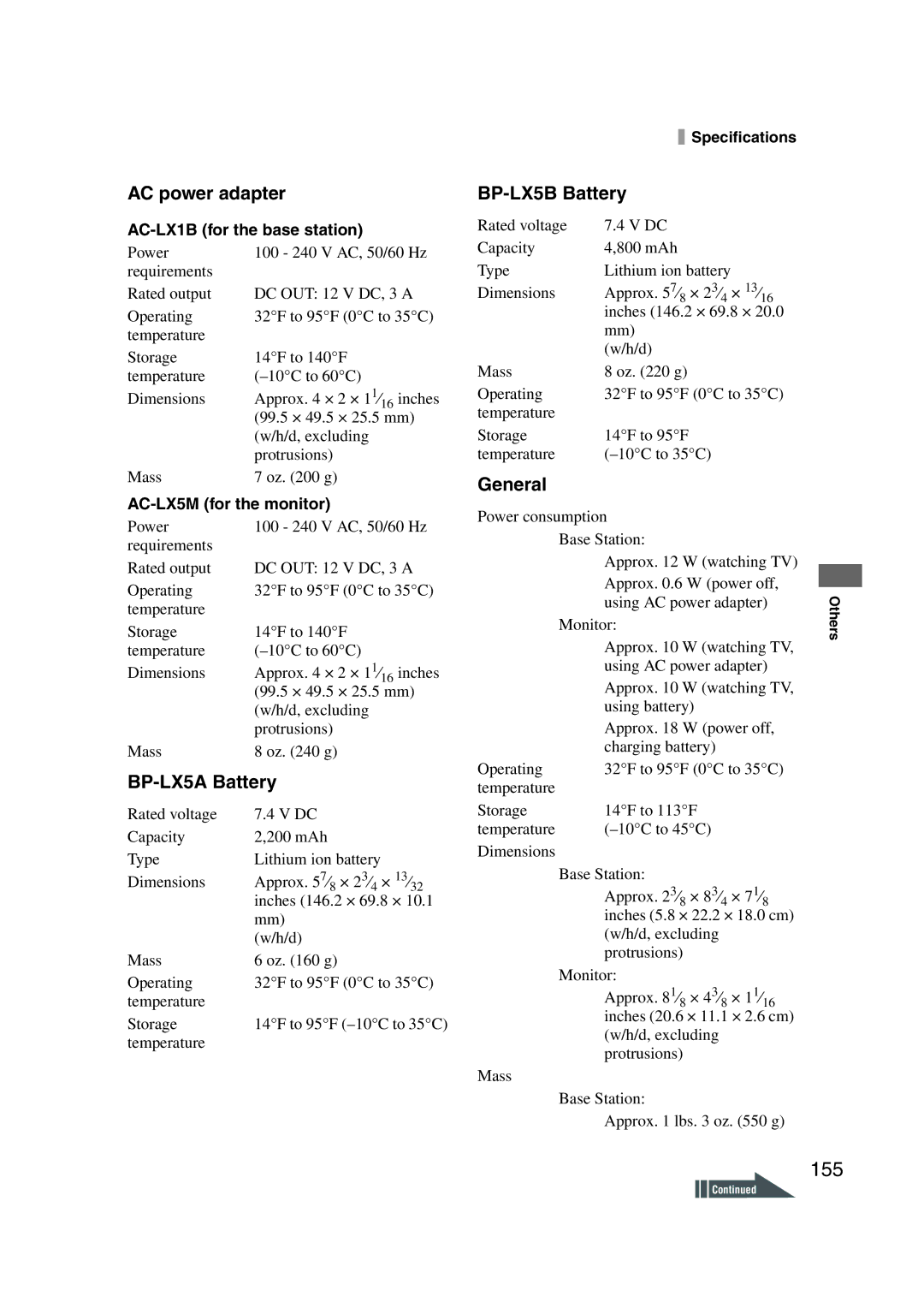 Sony LF-X1, LF-X5 operating instructions 155, BP-LX5A Battery, BP-LX5B Battery, AC-LX5M for the monitor 