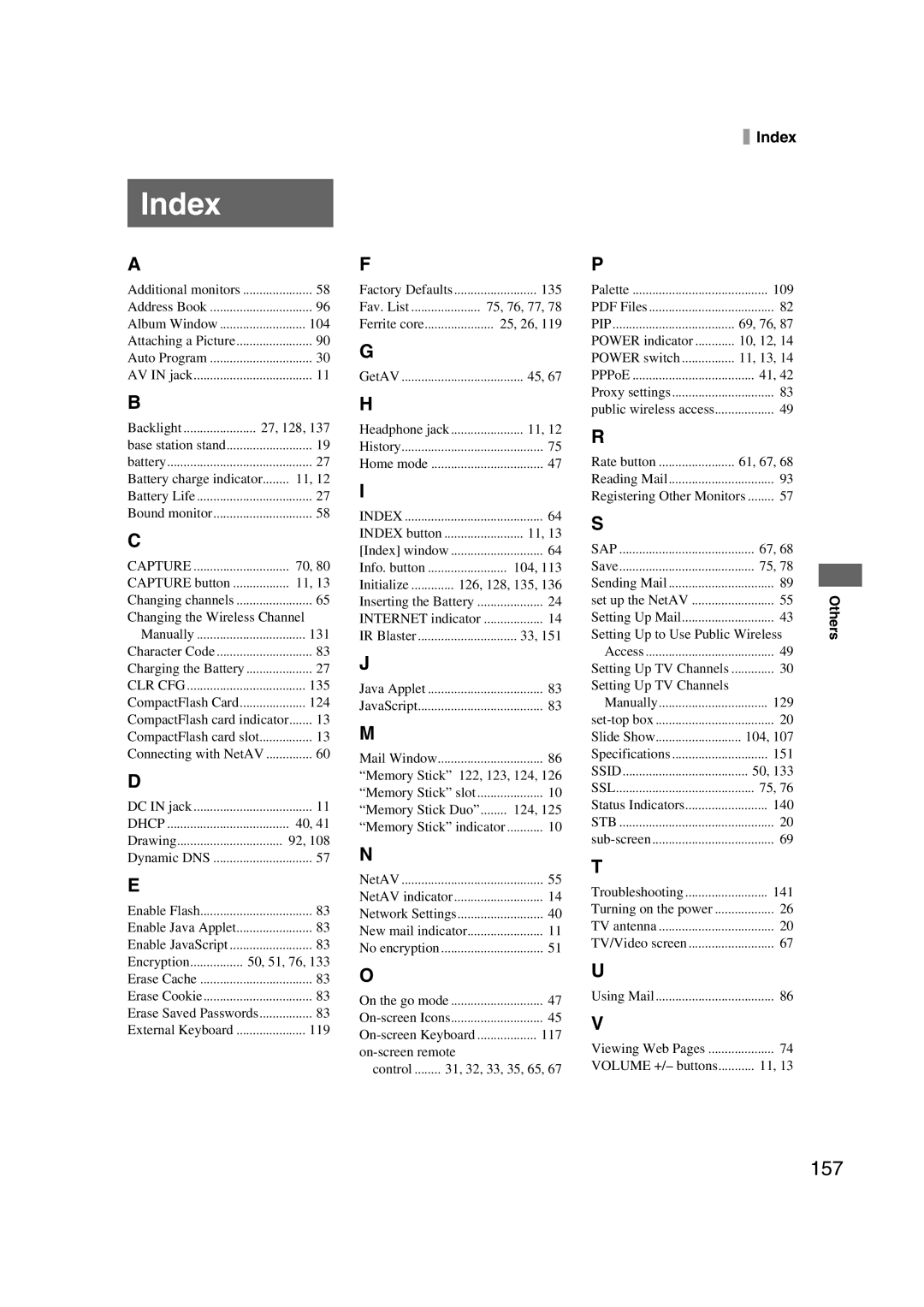 Sony LF-X1, LF-X5 operating instructions Index, 157 