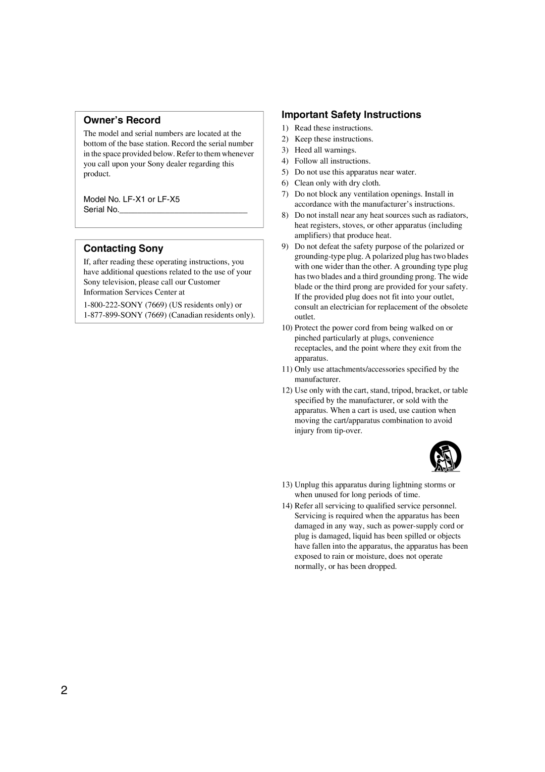 Sony LF-X1, LF-X5 operating instructions Owner’s Record 