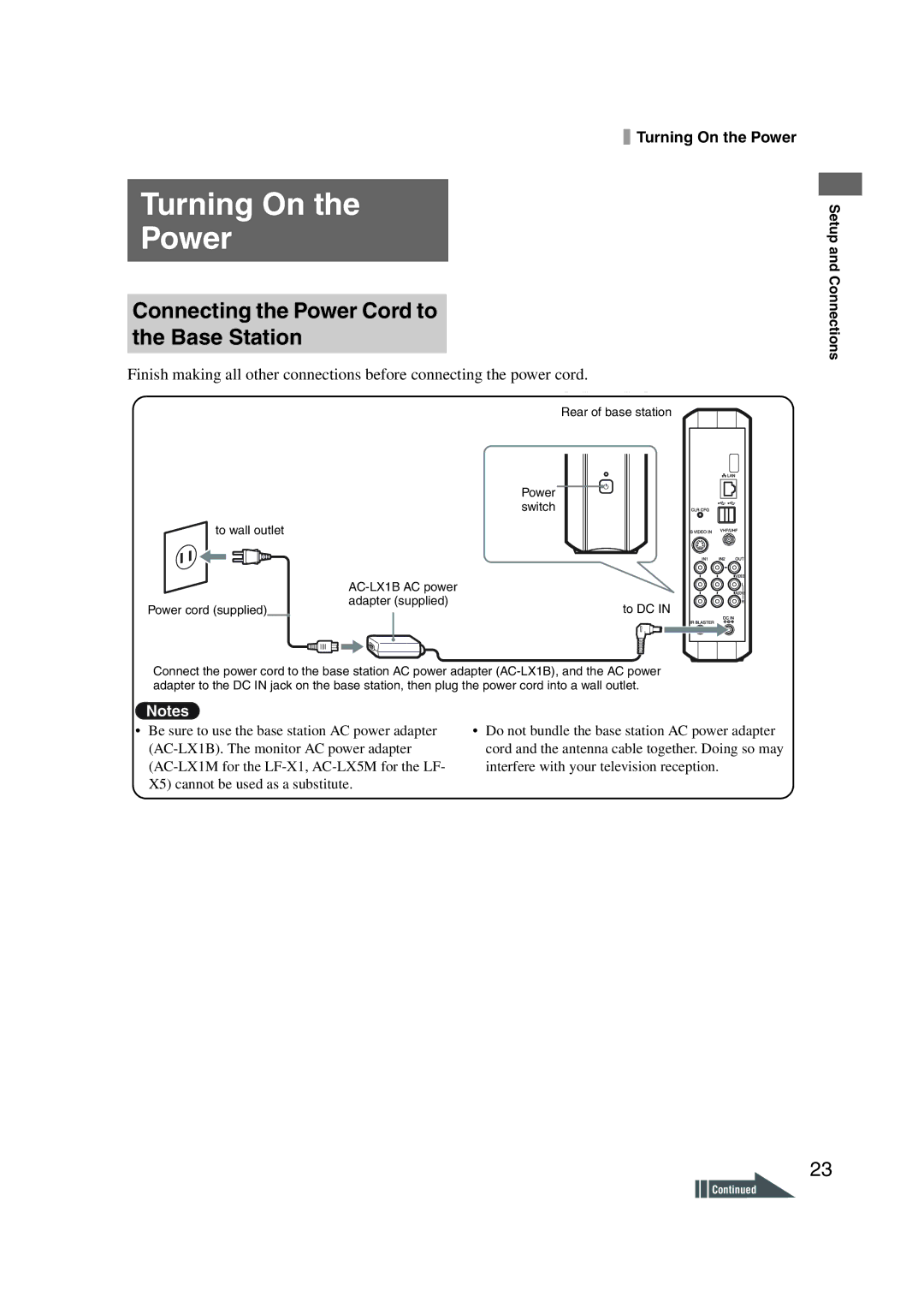 Sony LF-X1, LF-X5 operating instructions Turning On Power, Connecting the Power Cord to the Base Station 