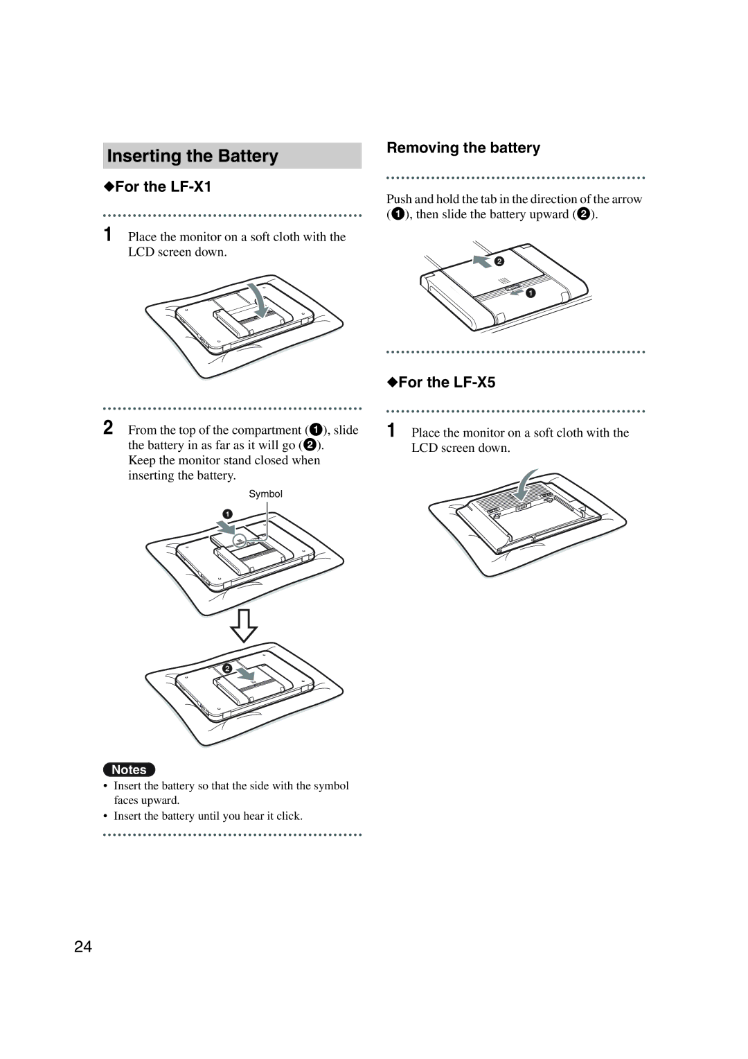 Sony LF-X1, LF-X5 operating instructions Inserting the Battery, For the LF-X1, Removing the battery, For the LF-X5 