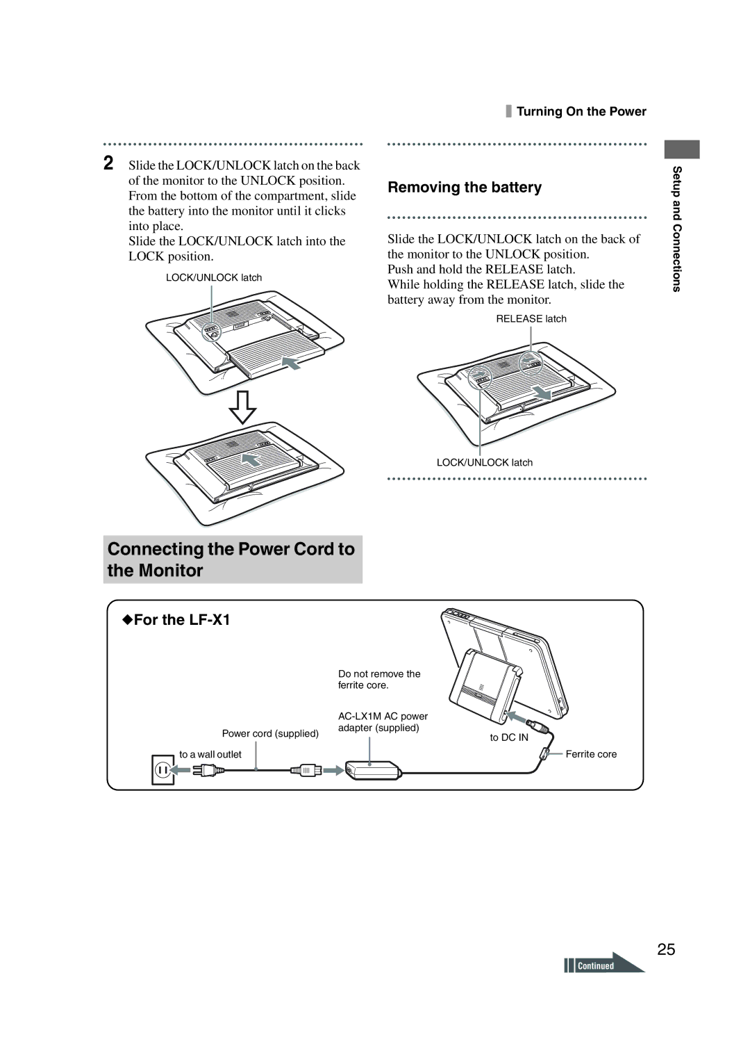 Sony LF-X1, LF-X5 operating instructions Connecting the Power Cord to the Monitor 