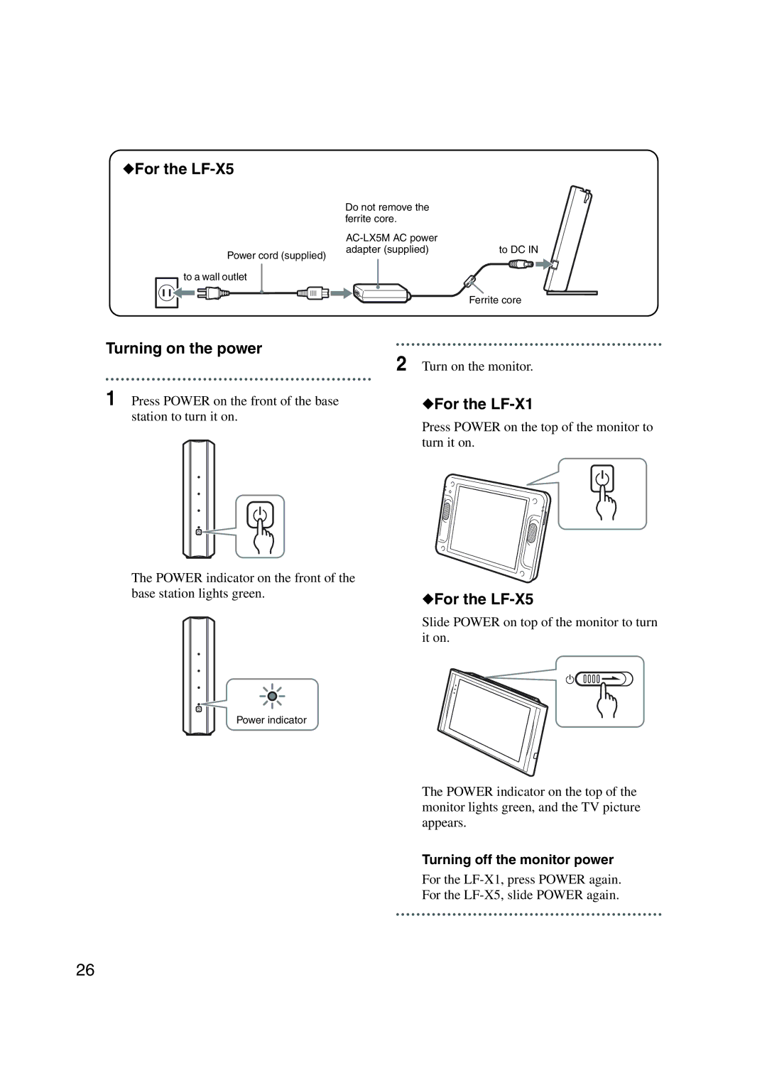 Sony LF-X1, LF-X5 operating instructions Turning on the power, Turn on the monitor, Press Power on the front of the base 