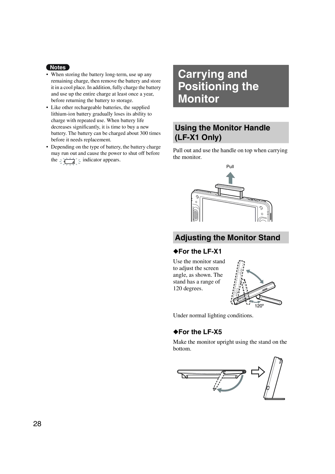 Sony LF-X1, LF-X5 Carrying Positioning Monitor, Using the Monitor Handle LF-X1 Only, Adjusting the Monitor Stand 