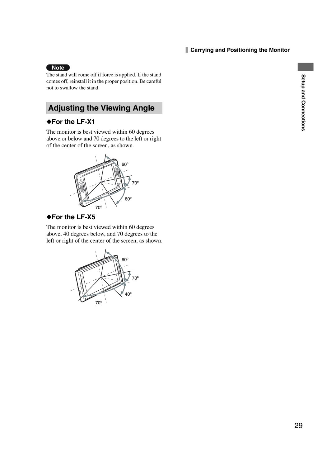 Sony LF-X1, LF-X5 operating instructions Adjusting the Viewing Angle 