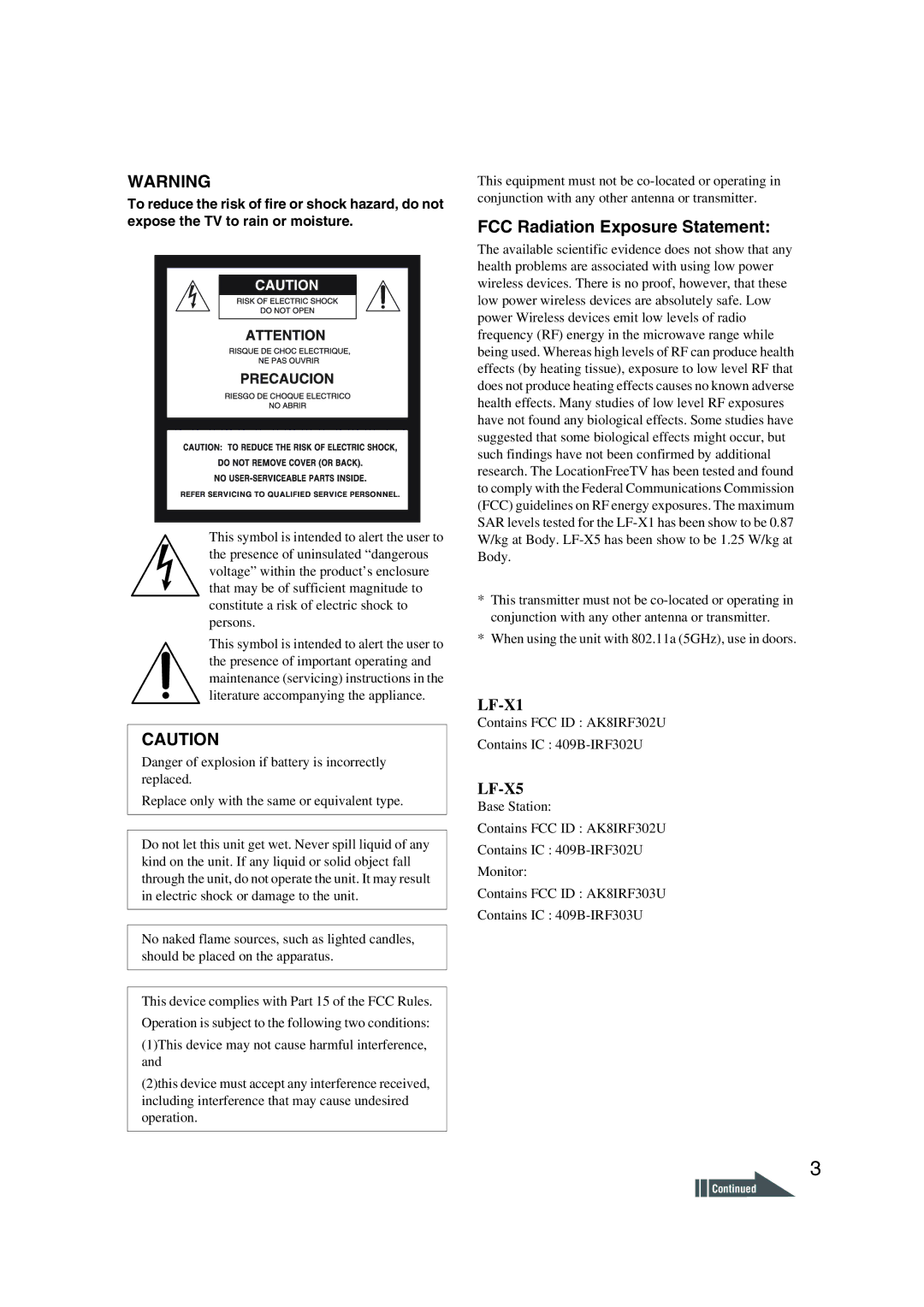 Sony LF-X1, LF-X5 operating instructions FCC Radiation Exposure Statement 