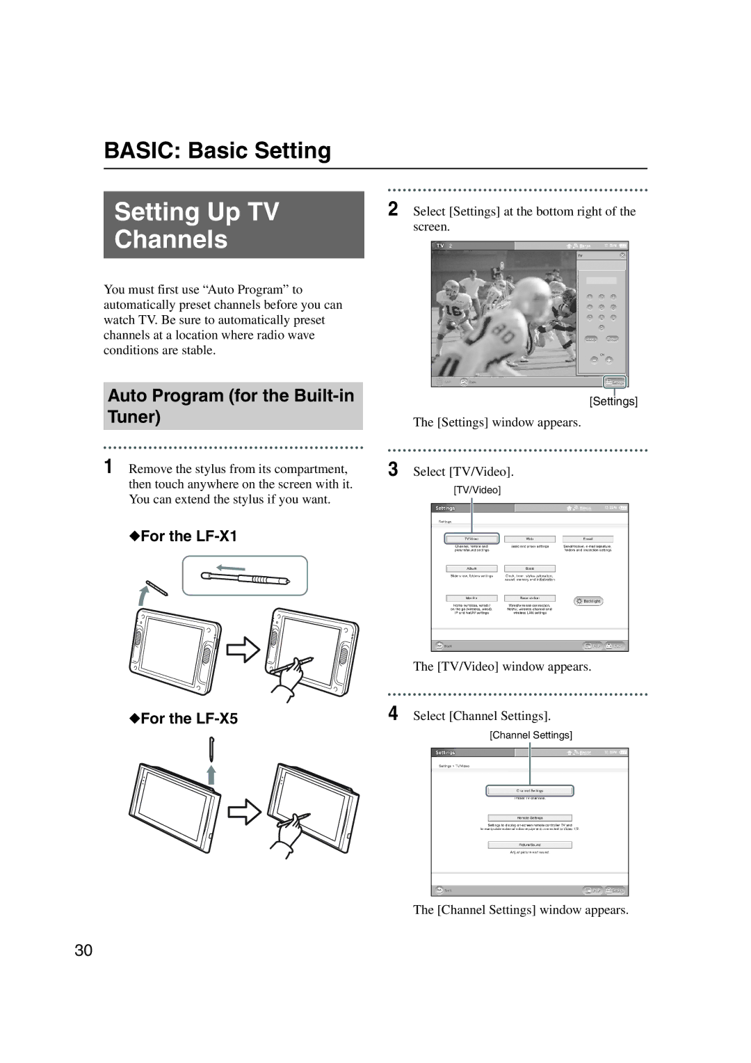 Sony LF-X1, LF-X5 operating instructions Setting Up TV, Channels, Auto Program for the Built-in, Tuner 