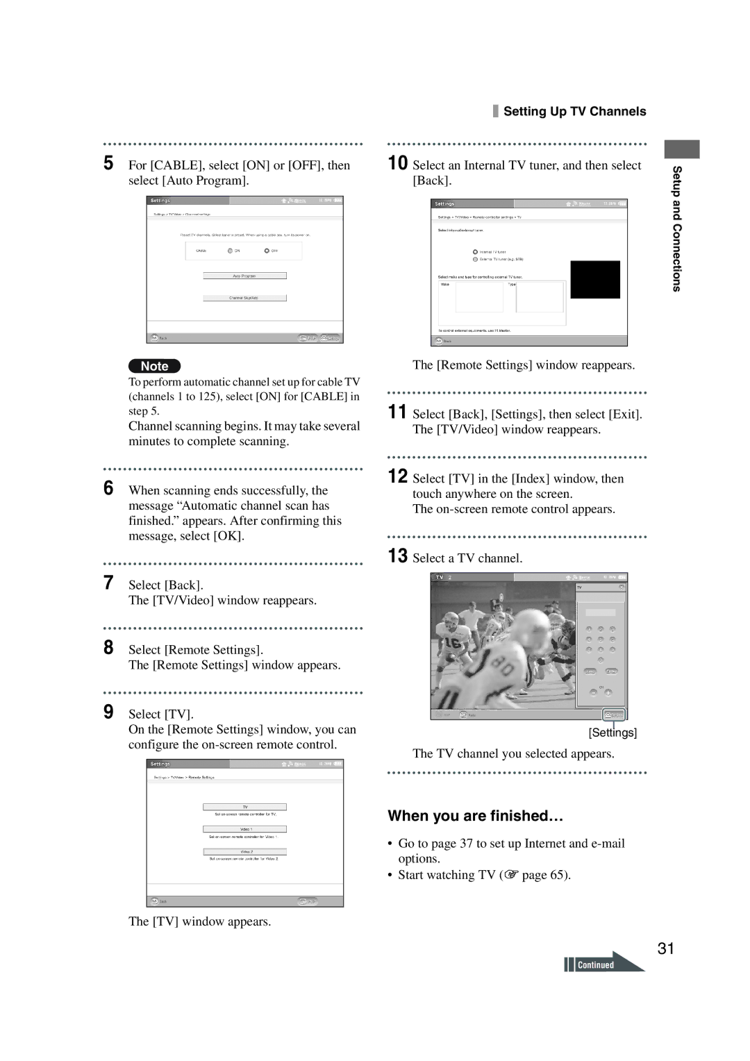 Sony LF-X1, LF-X5 operating instructions When you are finished…, For CABLE, select on or OFF, then select Auto Program 