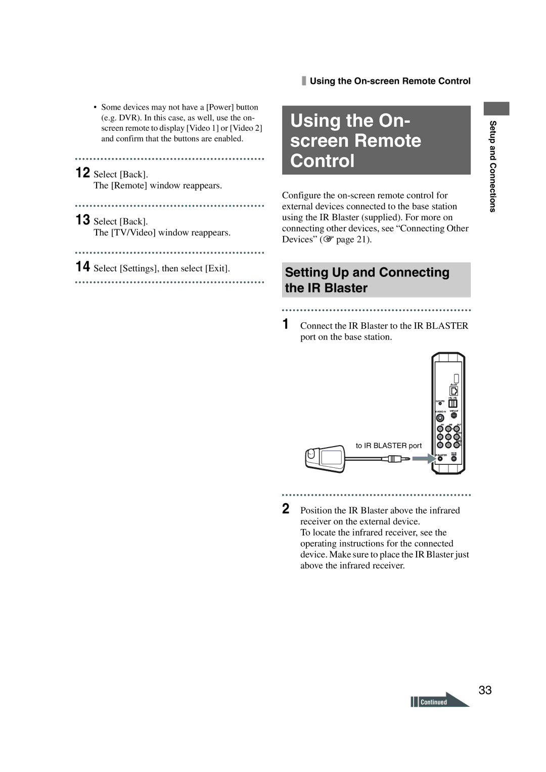 Sony LF-X1, LF-X5 operating instructions Using the On- screen Remote Control, Setting Up and Connecting the IR Blaster 