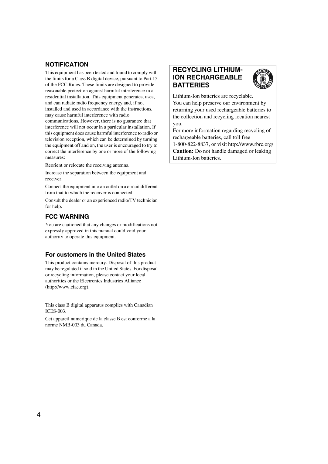 Sony LF-X1, LF-X5 operating instructions Recycling Lithium ION Rechargeable Batteries 