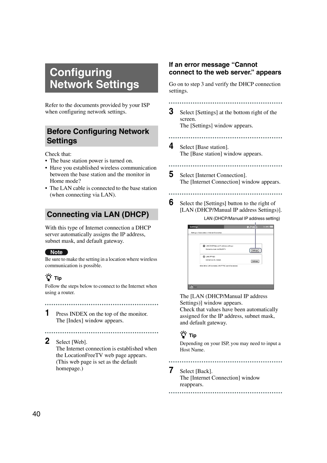 Sony LF-X1, LF-X5 operating instructions Before Configuring Network Settings, Connecting via LAN Dhcp 