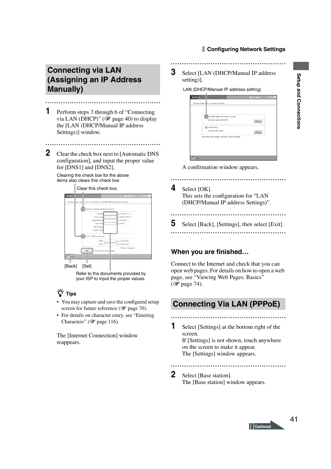 Sony LF-X1, LF-X5 Connecting via LAN Assigning an IP Address Manually, Connecting Via LAN PPPoE, Setting 