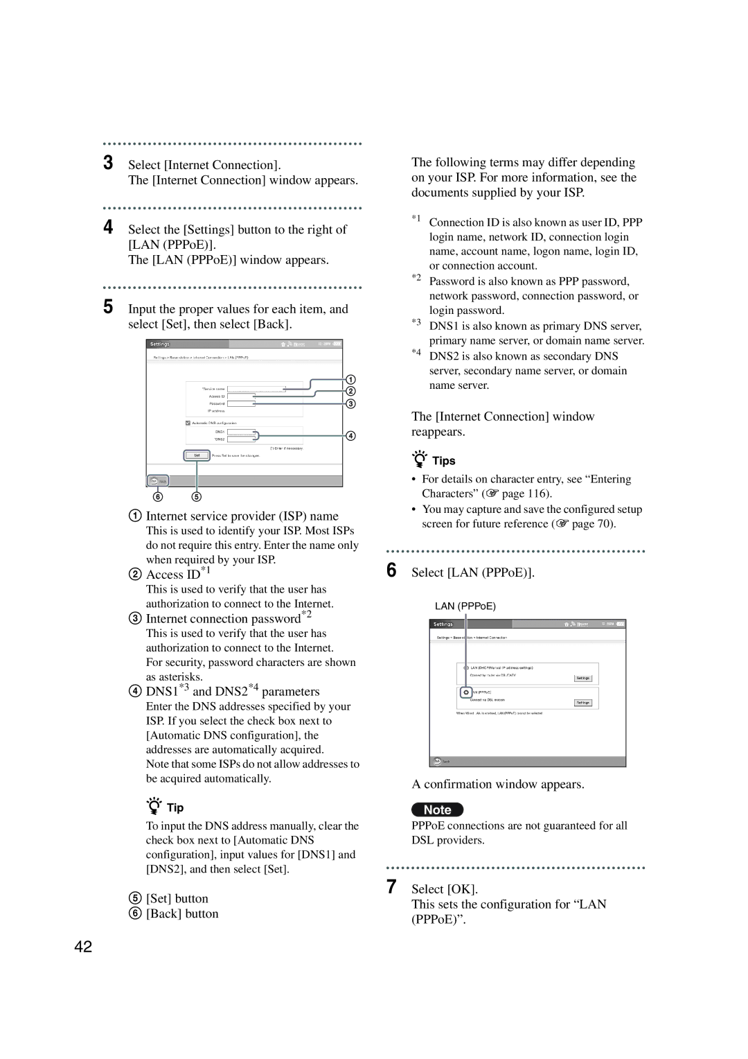 Sony LF-X1, LF-X5 Access ID*1, Internet connection password*2, DNS1*3 and DNS2*4 parameters, Select LAN PPPoE 