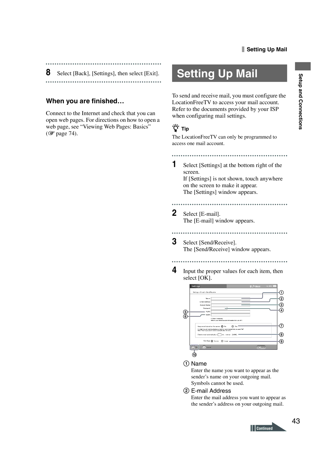 Sony LF-X1, LF-X5 operating instructions Setting Up Mail, To send and receive mail, you must configure 