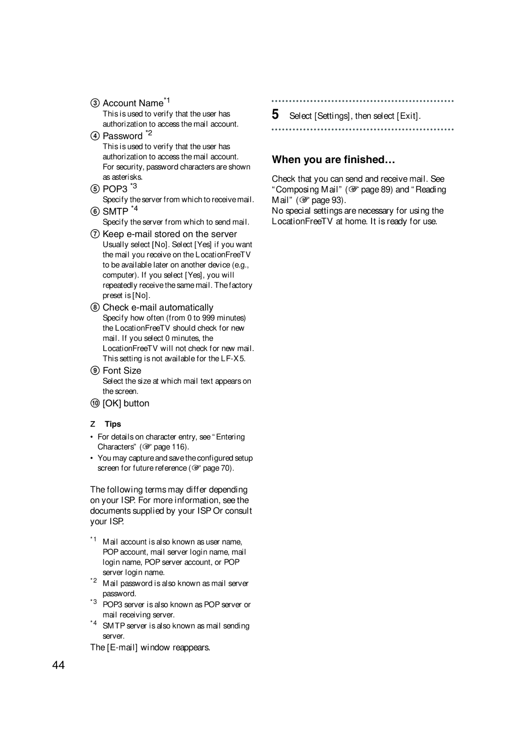 Sony LF-X1, LF-X5 operating instructions Password *2, E-mail window reappears Select Settings, then select Exit 