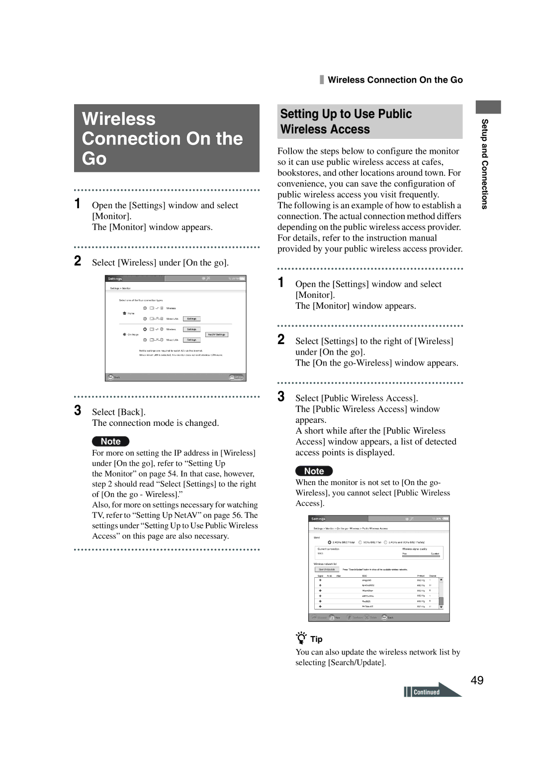 Sony LF-X1, LF-X5 operating instructions Wireless Connection On, Setting Up to Use Public Wireless Access 