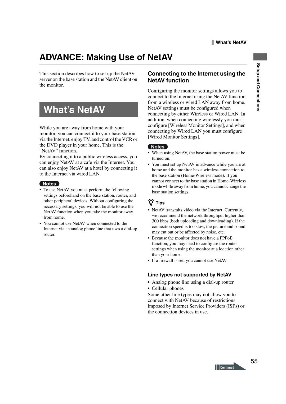 Sony LF-X1, LF-X5 What’s NetAV, Connecting to the Internet using the NetAV function, Line types not supported by NetAV 