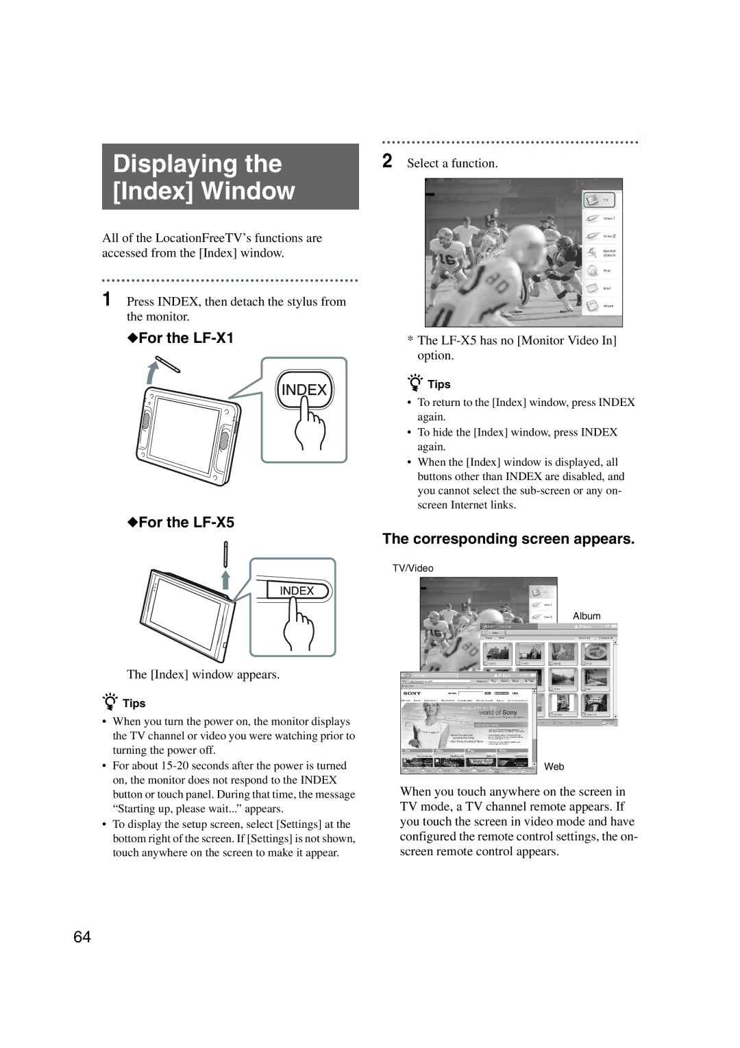 Sony LF-X1, LF-X5 operating instructions Corresponding screen appears, Index window appears 