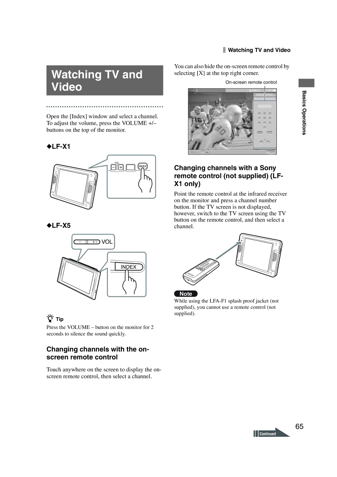 Sony LF-X1, LF-X5 Watching TV and Video, LF-X1 LF-X5, Changing channels with the on- screen remote control 