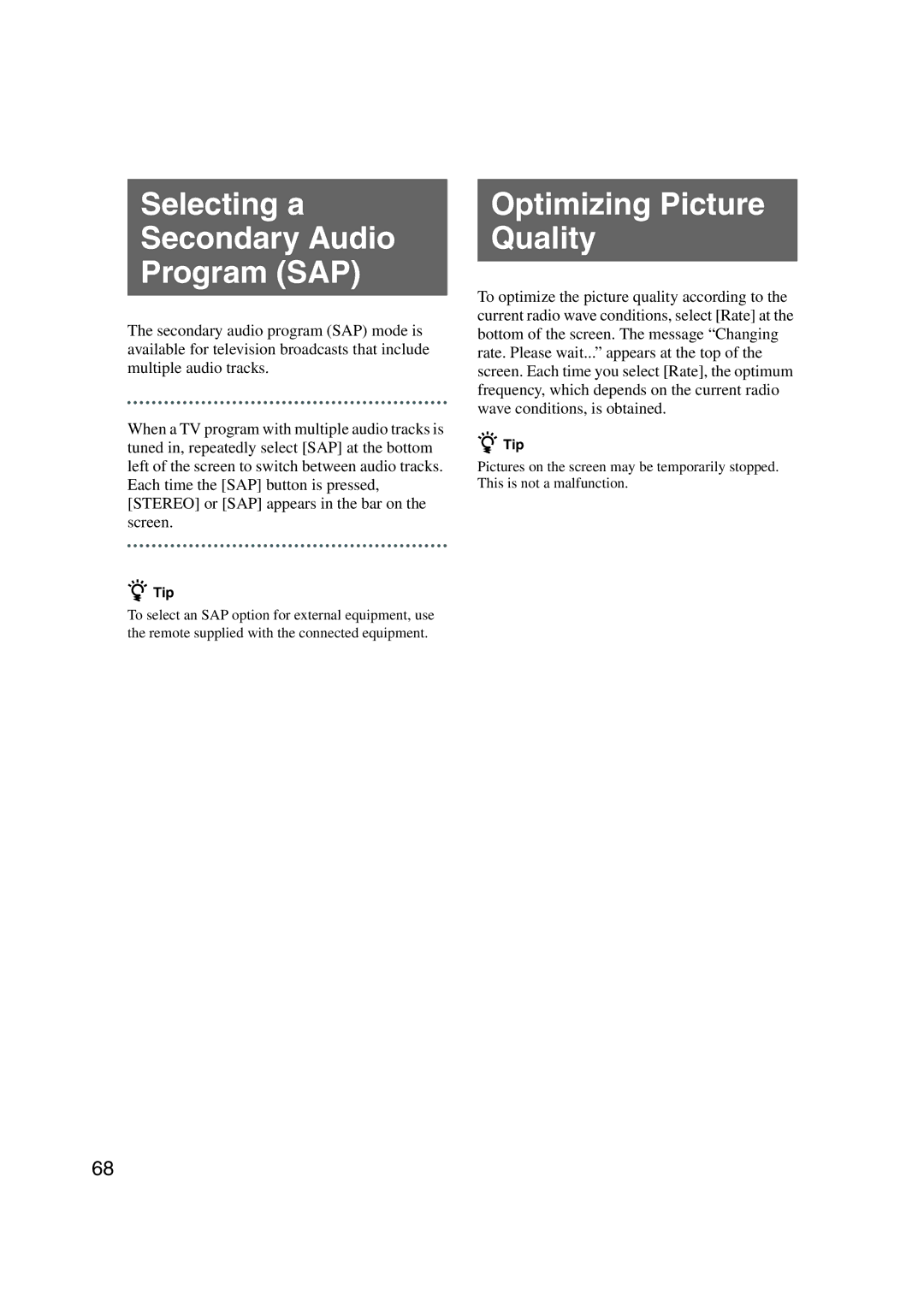 Sony LF-X1, LF-X5 operating instructions Selecting a Secondary Audio Program SAP, Optimizing Picture Quality 