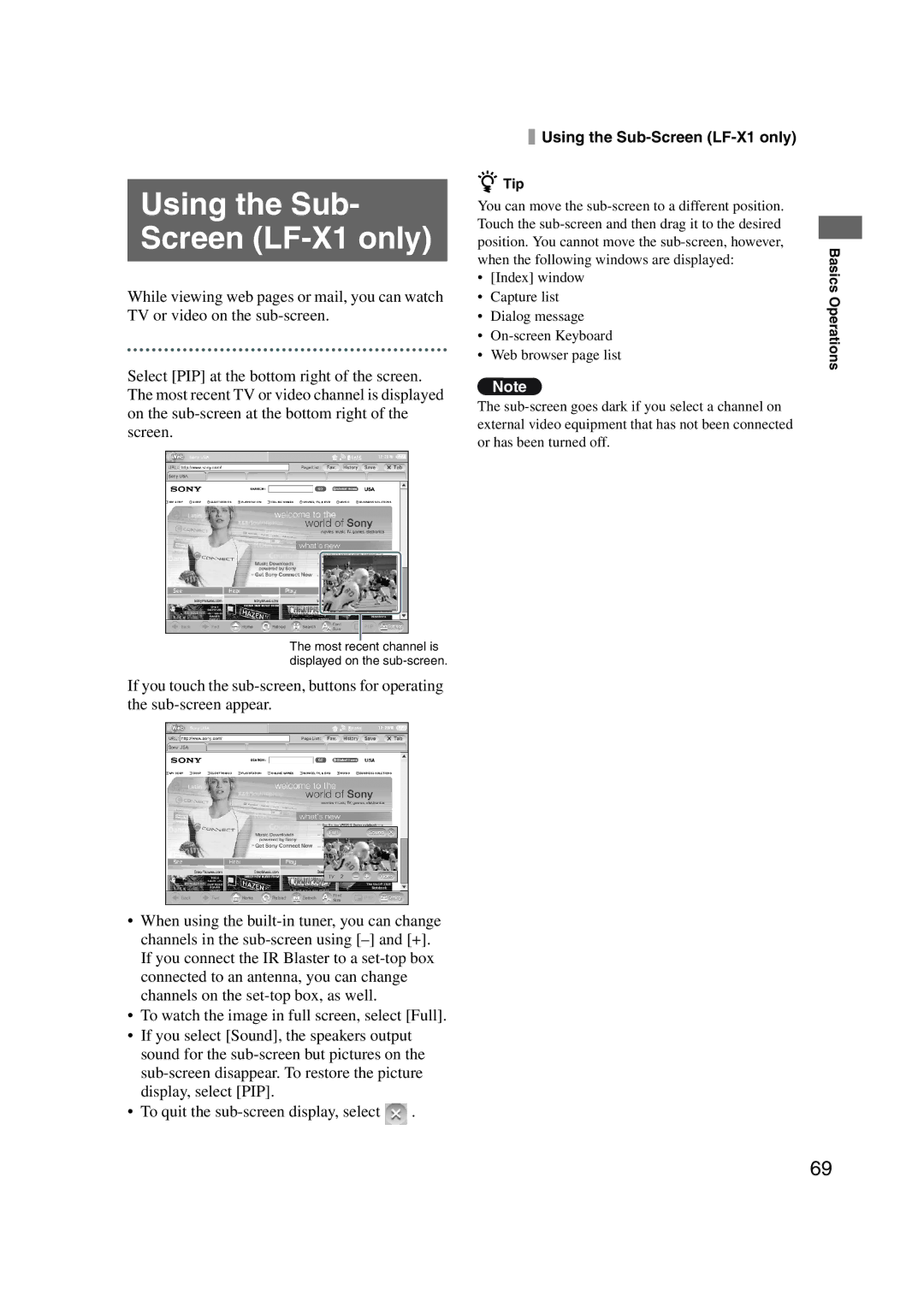 Sony LF-X1, LF-X5 operating instructions Using the Sub- Screen LF-X1 only 