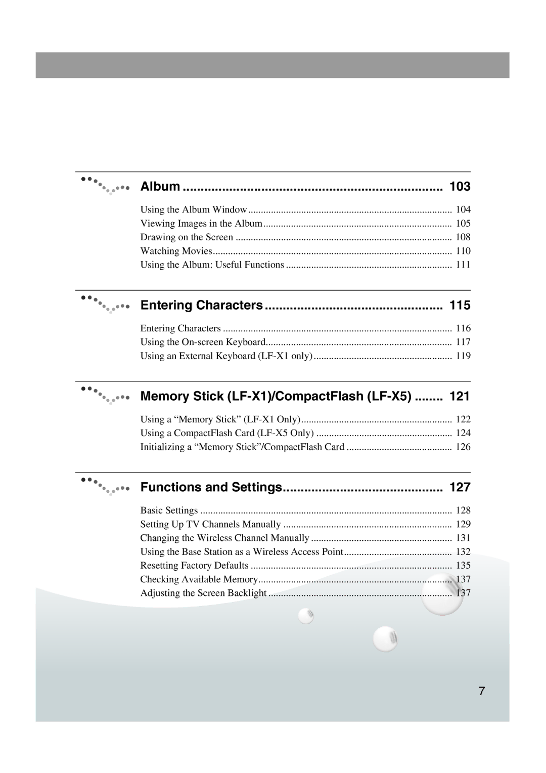 Sony LF-X1, LF-X5 operating instructions Album, Entering Characters, Functions and Settings 