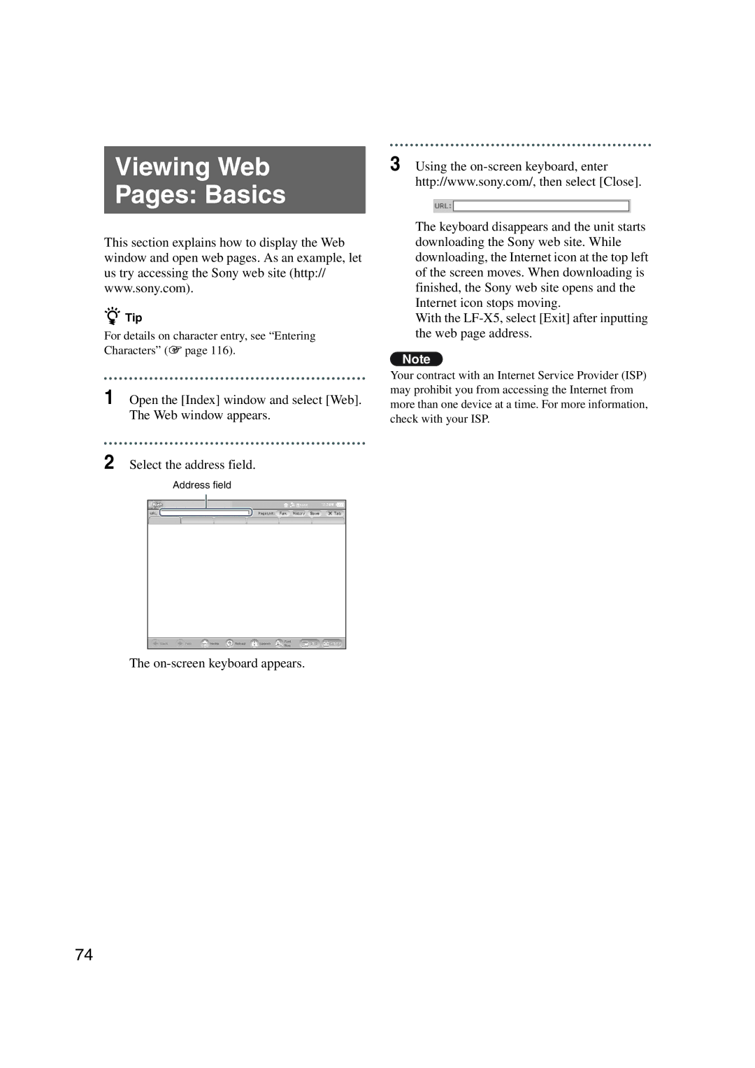 Sony LF-X1, LF-X5 operating instructions Viewing Web Pages Basics 