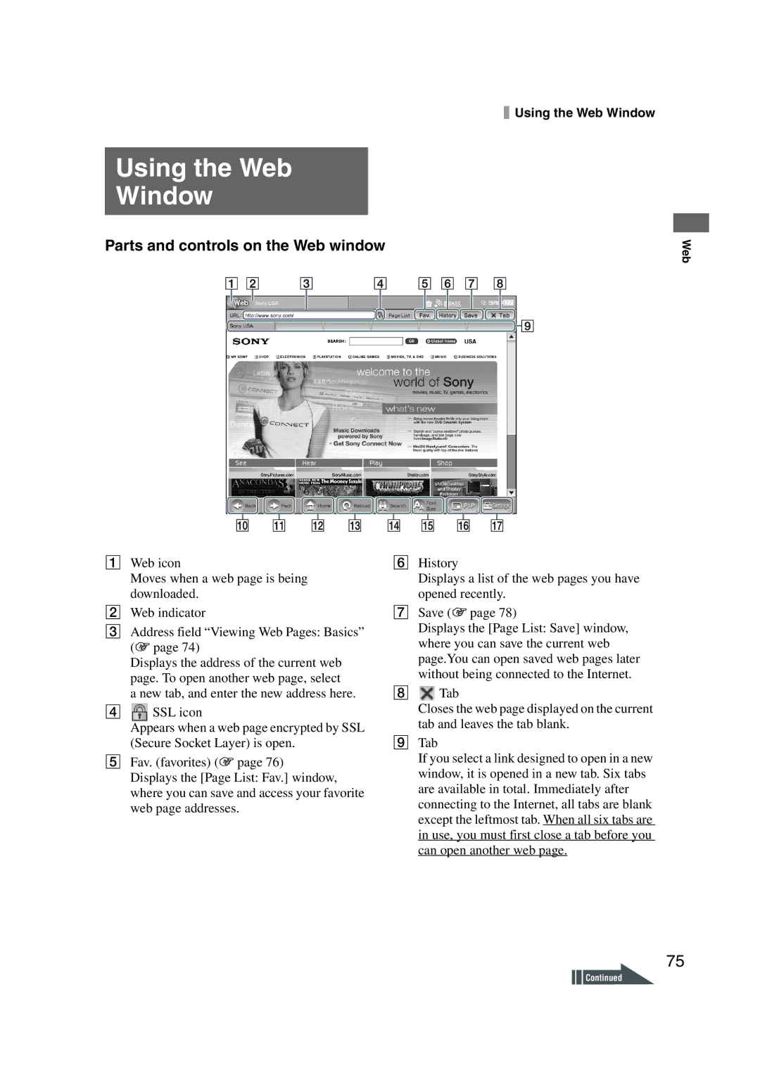 Sony LF-X1, LF-X5 operating instructions Using the Web Window, Parts and controls on the Web window 