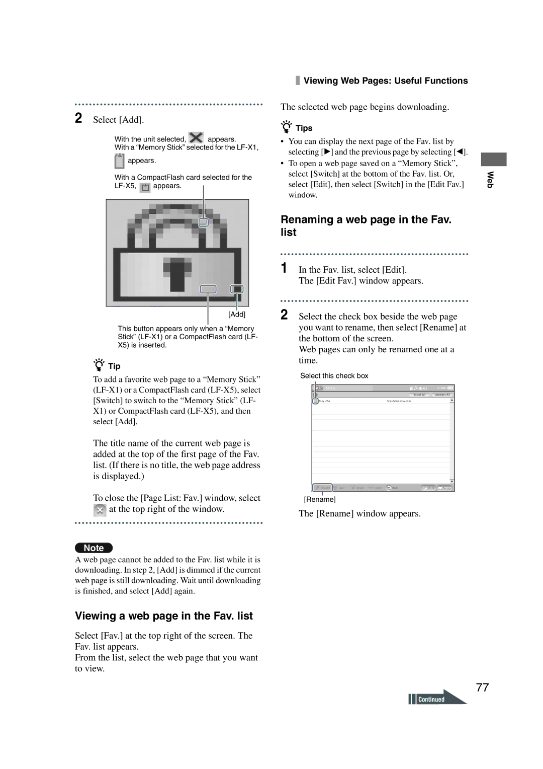 Sony LF-X1, LF-X5 Viewing a web page in the Fav. list, Renaming a web page in the Fav. list, Select Add 