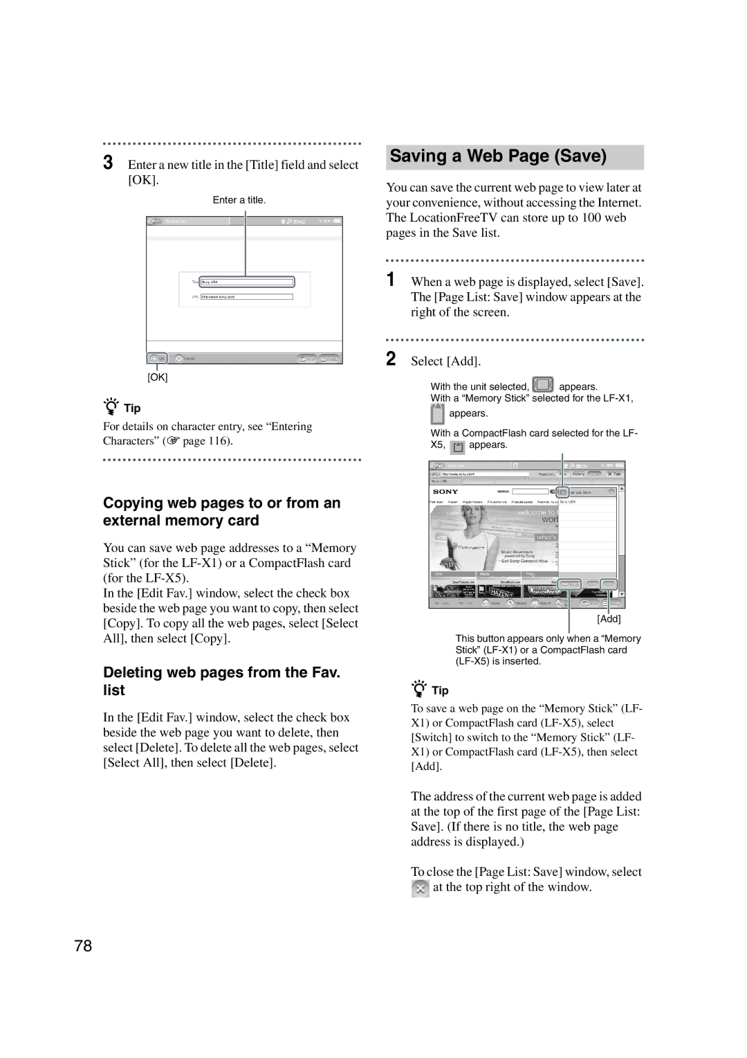 Sony LF-X1, LF-X5 operating instructions Saving a Web Page Save, Copying web pages to or from an external memory card 