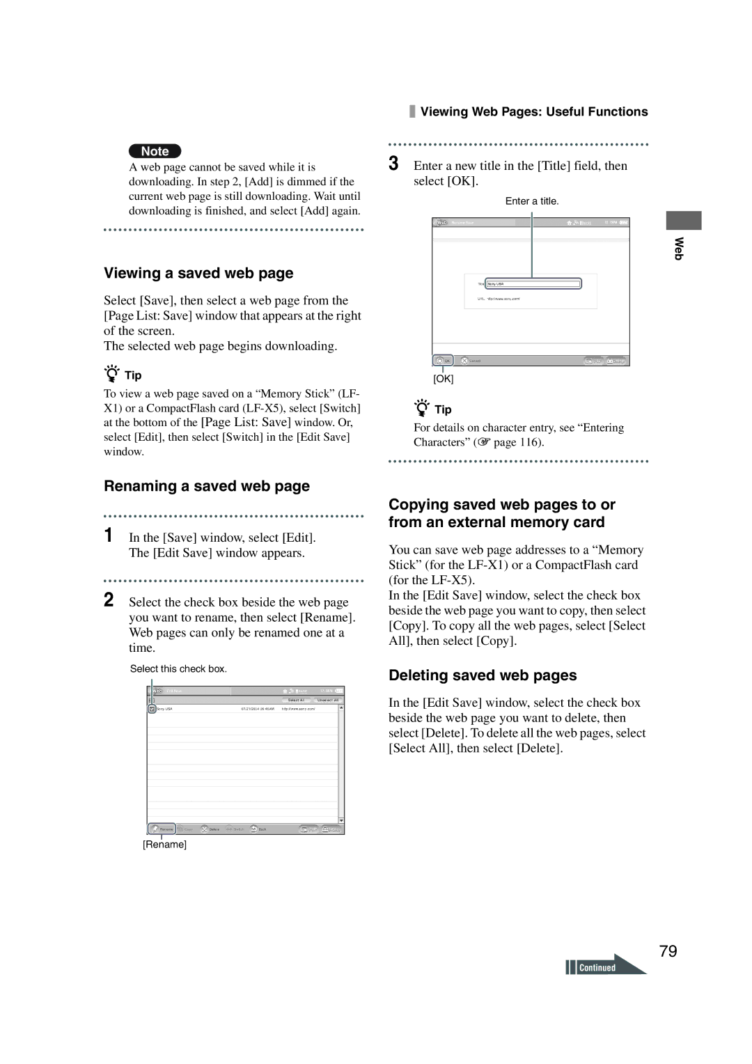 Sony LF-X1, LF-X5 Viewing a saved web, Renaming a saved web, Copying saved web pages to or from an external memory card 