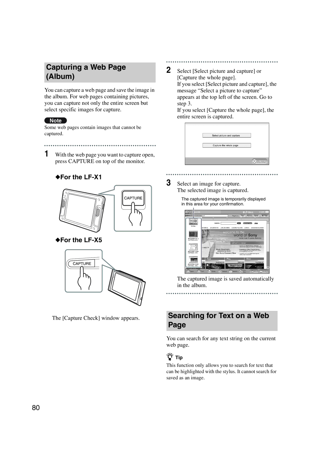 Sony LF-X1, LF-X5 operating instructions Capturing a Web Page Album, Searching for Text on a Web 