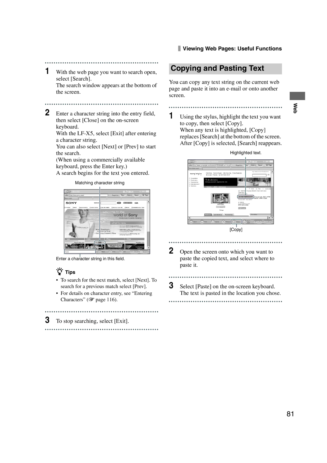 Sony LF-X1, LF-X5 operating instructions Copying and Pasting Text, To stop searching, select Exit 