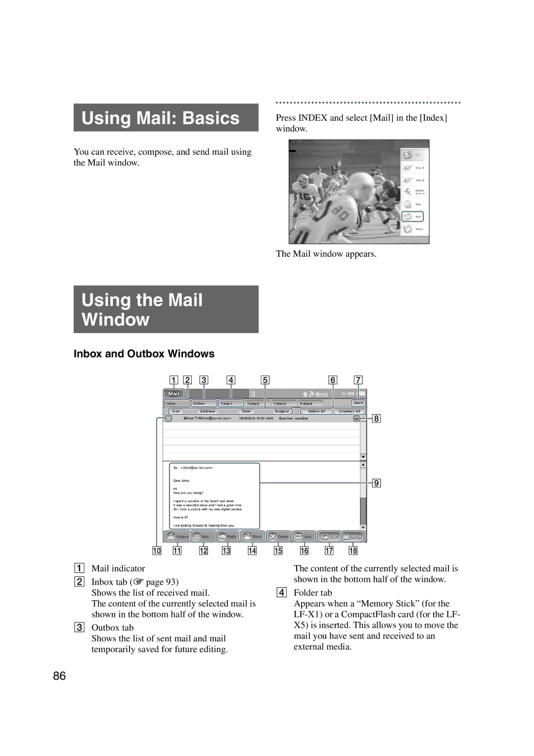 Sony LF-X1, LF-X5 operating instructions Using Mail Basics, Using the Mail Window, Inbox and Outbox Windows 