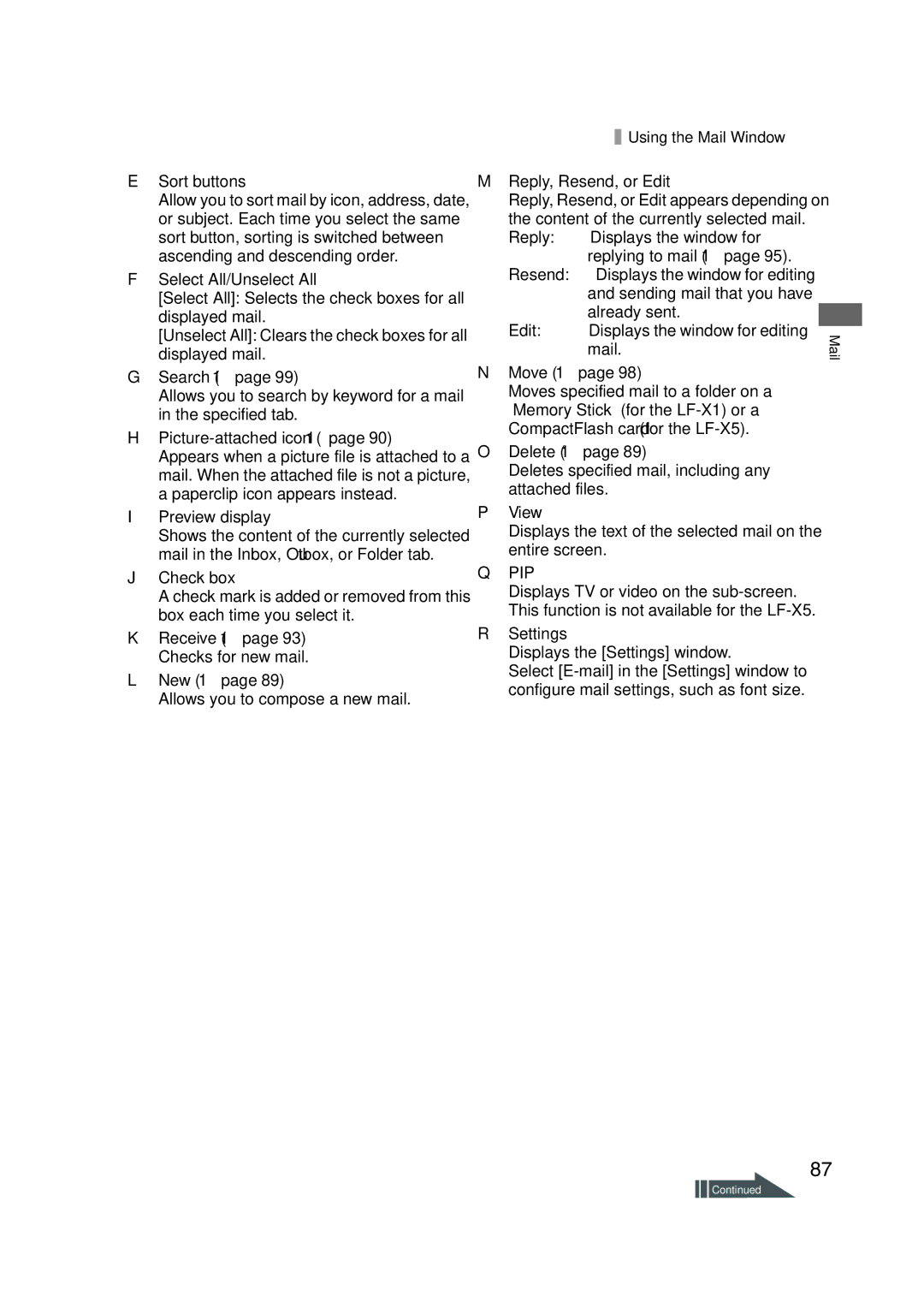 Sony LF-X1, LF-X5 Reply, Resend, or Edit, Reply Displays the window for Replying to mail 1 Resend, Already sent, Mail 