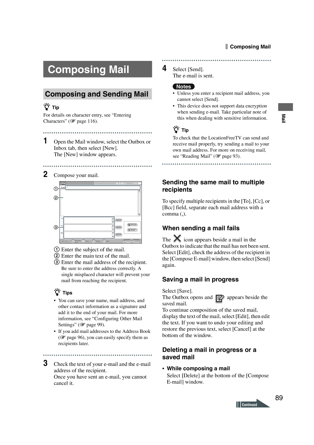 Sony LF-X1, LF-X5 operating instructions Composing Mail, Composing and Sending Mail 