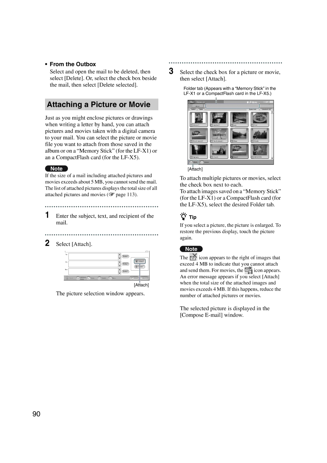 Sony LF-X1, LF-X5 operating instructions Attaching a Picture or Movie, From the Outbox 