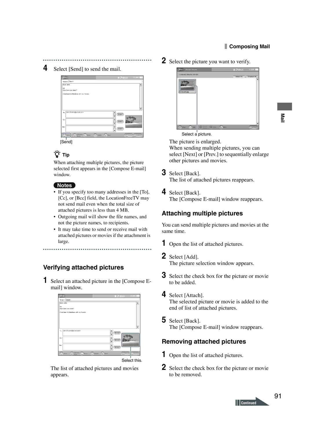 Sony LF-X1, LF-X5 Verifying attached pictures, Attaching multiple pictures, Removing attached pictures 