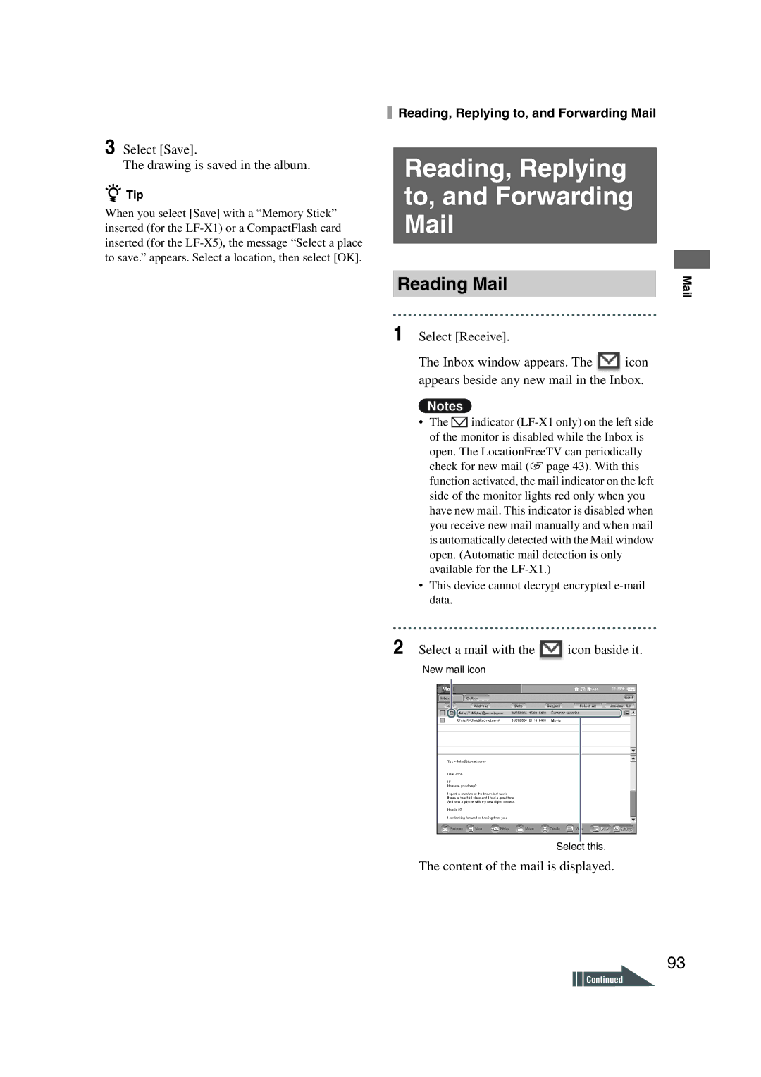 Sony LF-X1, LF-X5 Reading, Replying to, and Forwarding Mail, Reading Mail, Select Save Drawing is saved in the album 