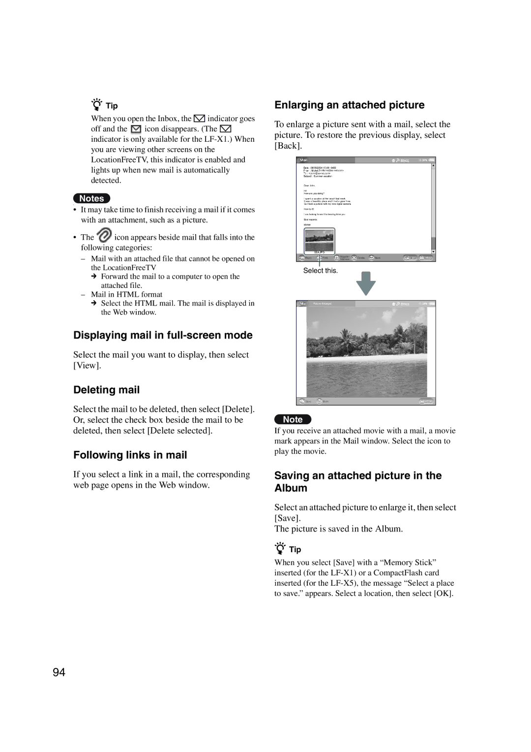 Sony LF-X1, LF-X5 operating instructions Displaying mail in full-screen mode, Deleting mail, Following links in mail 